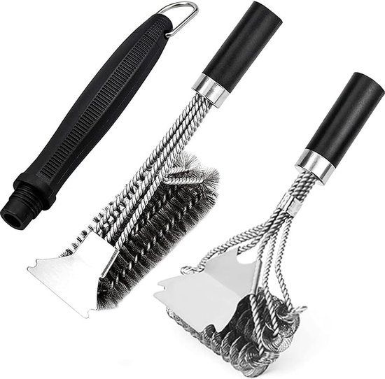 Grillborstel, Lange Handgreep, 46 Cm, Ideaal Voor Het Reinigen Van Je Barbecue Gietijzeren Of Roestvrijstalen Rooster Met Praktische Leren Lus Roestvrij Staal