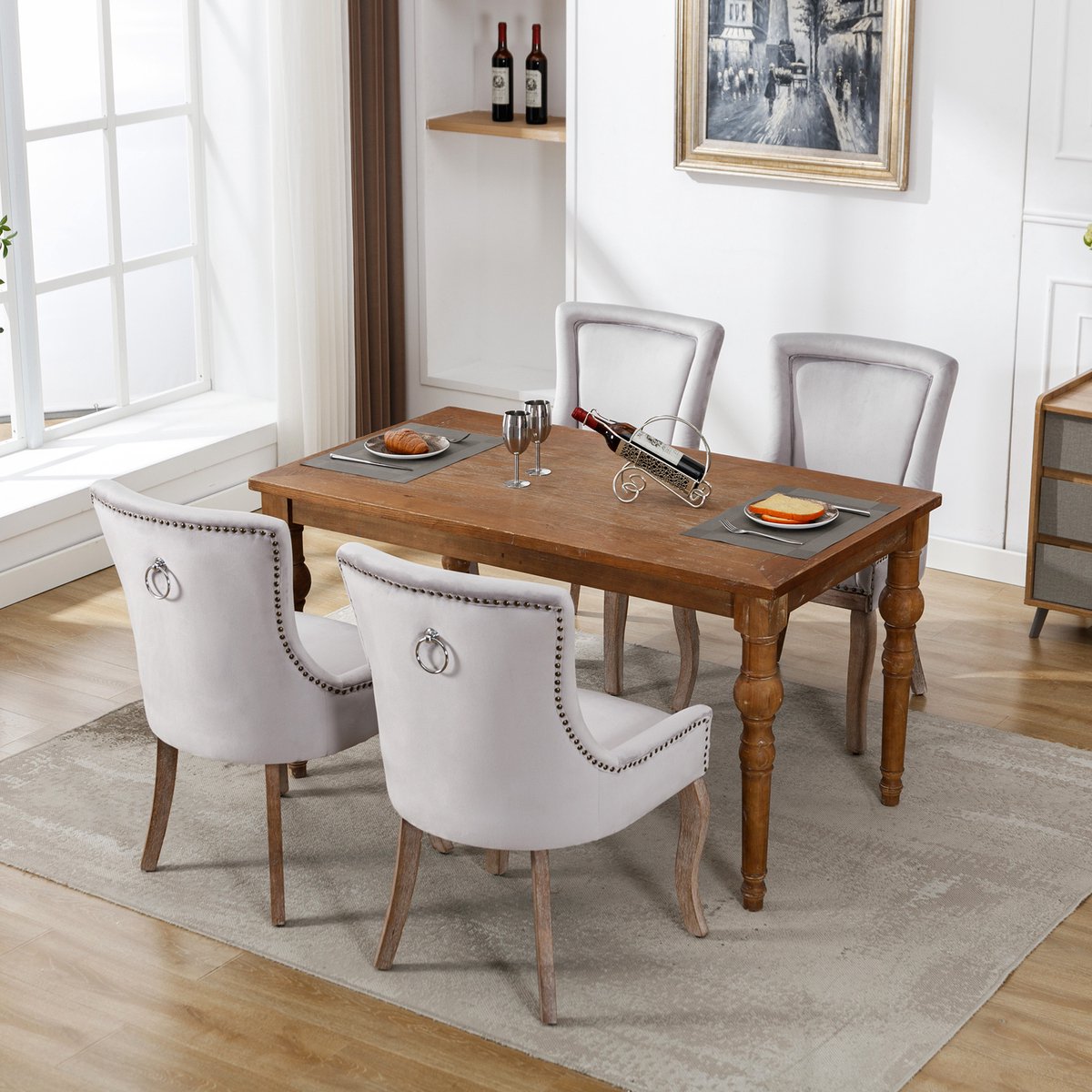 Sweiko Luxe Eetkamerstoelen (Keukenstoelen,Woonkamerstoelen, 4-delige),Gestoffeerde stoelen met nagelkoppen, massief houten poten, fluwelen hoezen, Grijs (geen tafel)