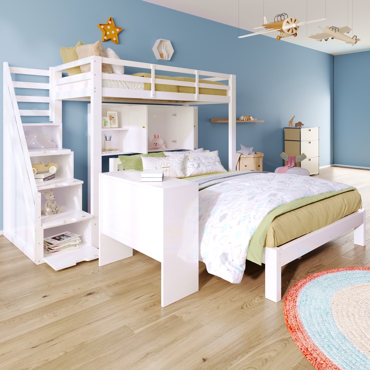 Sweiko Kinderbed,Stapelbed, 90x200cm+140x200cm,Multifunctioneel Kinderbed met Opbergtrap en beweegbare bijzettafel, grote opbergruimte, geen matras, massief hout+MDF,Wit