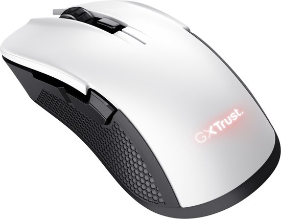 Witte gaming muis met zwarte zijgrip en verlicht GX Trust logo.