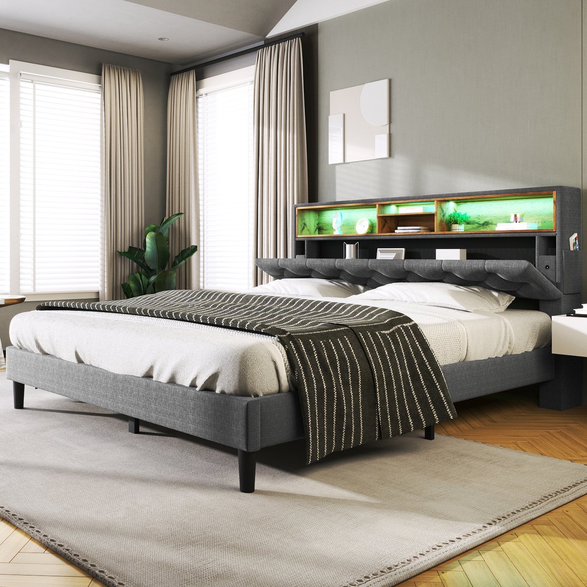 Sweiko Zacht Kussenbed, Dubbel Opberghoofd,Tweepersoonsbed met LED verlichting, houten frame, 140x200CM Grijs (Geen matras)
