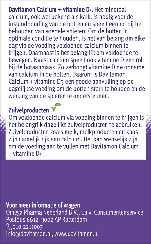 Uitleg over Davitamon Calcium + Vitamine D3, het belang van calcium en vitamine D, zuivelproducten en contactinformatie.