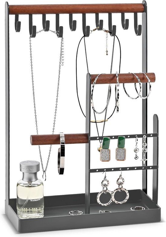 Sieradenstandaard van hout, 12 vakken voor sieraden en halskettingen, voor armbanden, halskettingen en hangers Sieradenstandaard van hout, 12 vakken voor sieraden en halskettingen, voor armbanden, halskettingen en hangers