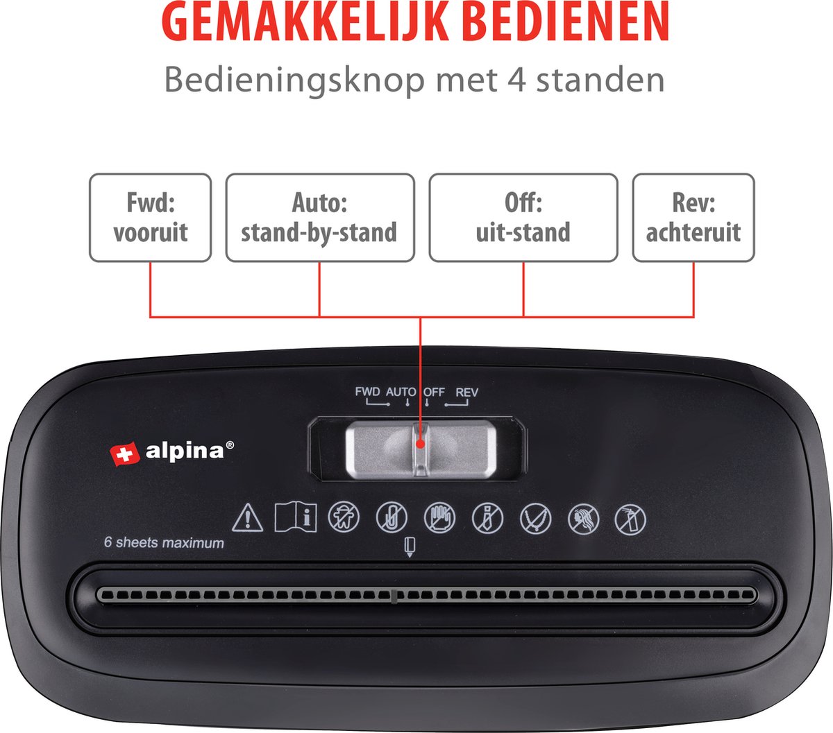 alpina Papierversnipperaar – Papiervernietiger voor Thuis en Kantoor – Shredder Vernietigt Creditcard - Versnipper 6 A4 Vellen in 1 Keer – 10L Bak – 190W Vermogen – Zwart thumbnail 2