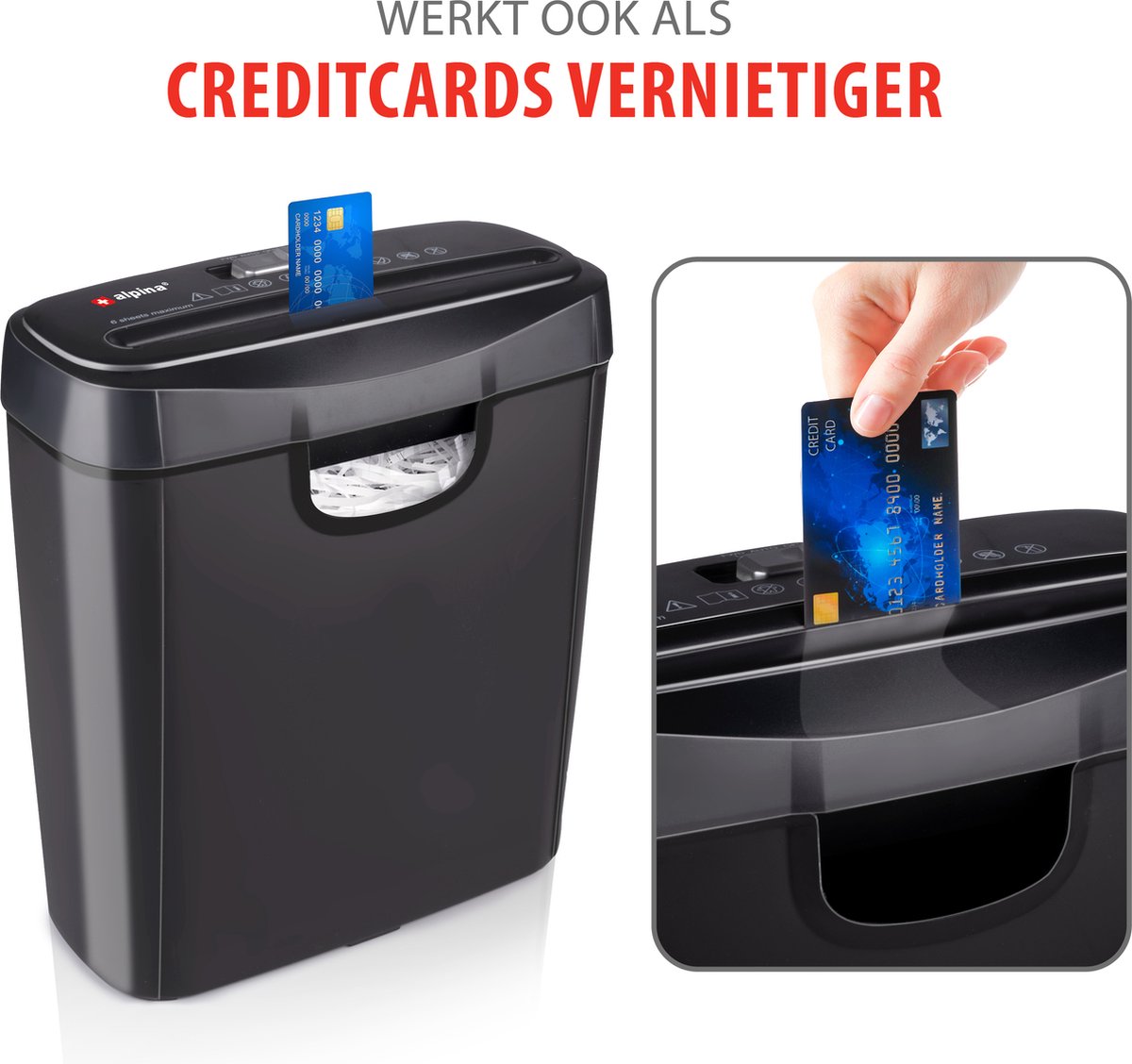 alpina Papierversnipperaar – Papiervernietiger voor Thuis en Kantoor – Shredder Vernietigt Creditcard - Versnipper 6 A4 Vellen in 1 Keer – 10L Bak – 190W Vermogen – Zwart thumbnail 5