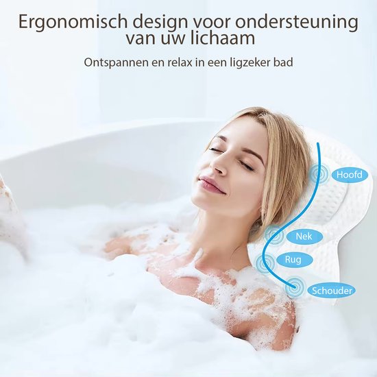 Luxe Badkussen – Nekkussen Bad – Hoofdsteun Bad – Badkussen Met Zuignappen – Inclusief Afvoerklep Voor Voller Bad – Ergonomisch Gevormde Badkussen – Zwart
