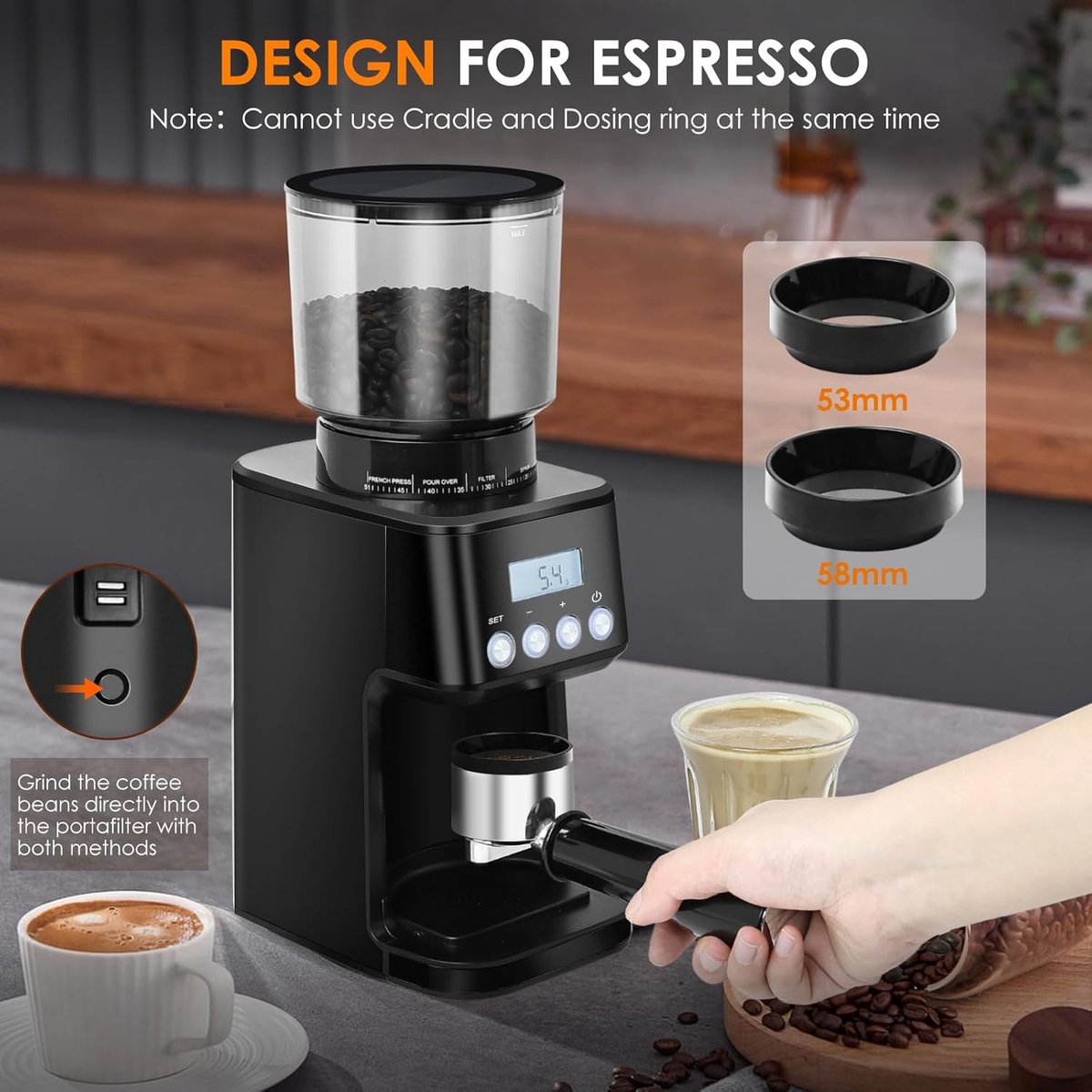 Homtone Elektrische Kaffeemühle für Siebträger und Behälter, 51 einstellbare Mah