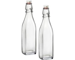 Bormioli Rocco beugelfles/weckfles - 2x - 1 liter - glas - vierkant - water/olie/azijn/sapjes - Karaffen