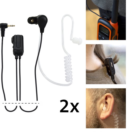 Twee Alecto headsets, een walkie talkie in oranje en zwart, en een headset op kleding gedragen.