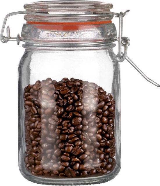 Bocal en verre avec fermeture à levier, rempli de grains de café brun foncé.