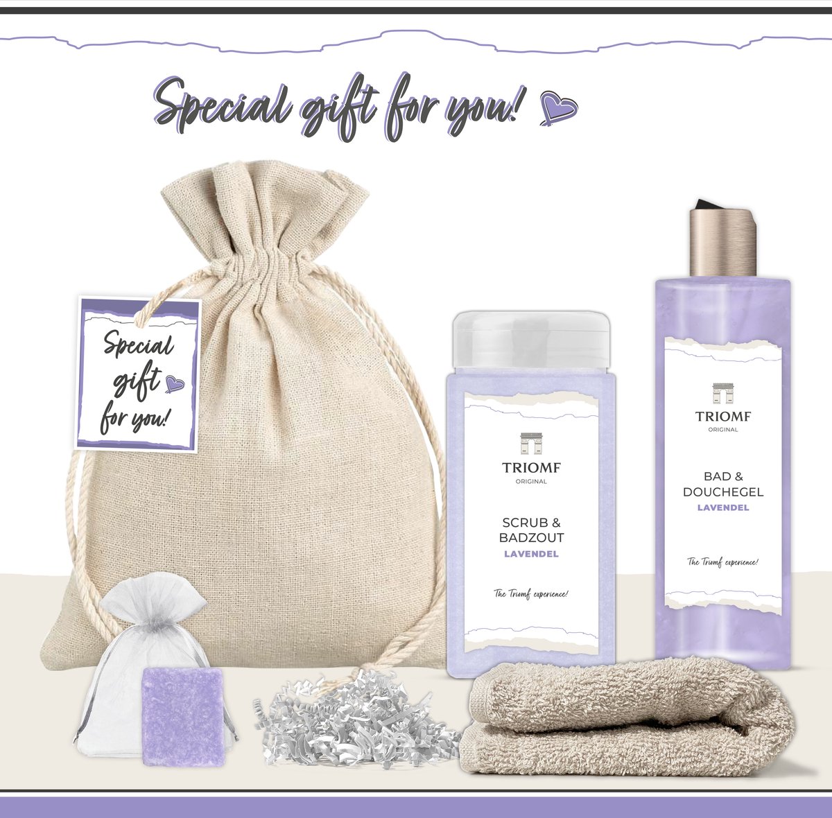 Goedkoopste Geschenkset “Special Gift for You!” - 5 producten - 1000 gram | Triomf Original - Giftset Lavendel voor haar - Cadeau Speciaal voor jou - Luxe wellness cadeaubox - Cadeaupakket Vrouw Set Douchegel Scrubzout Amberblokje - Verjaardag Kerst Pakket Paars