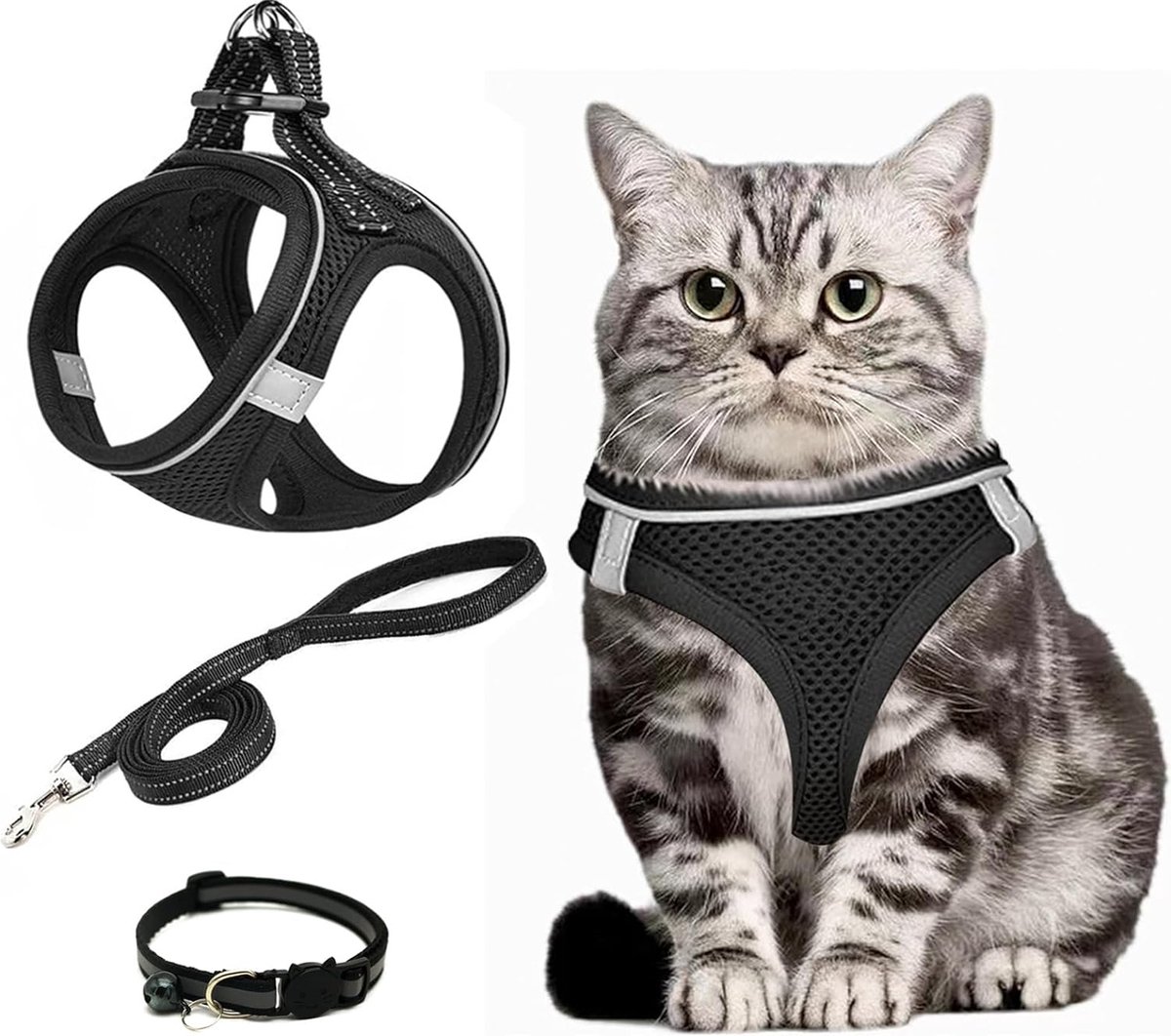Kattentuigje met Kattenhalsband - Ontsnappingsbestendig en Comfortabel - Geschikt voor Buitenwandelingen - Zwart
