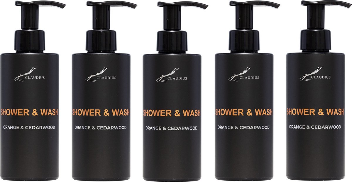 Goedkoopste Shower & Wash Sweet Orange & Cedarwood 300 ml - met pomp - zwarte fles - set van 5 stuks - Voordeelverpakking