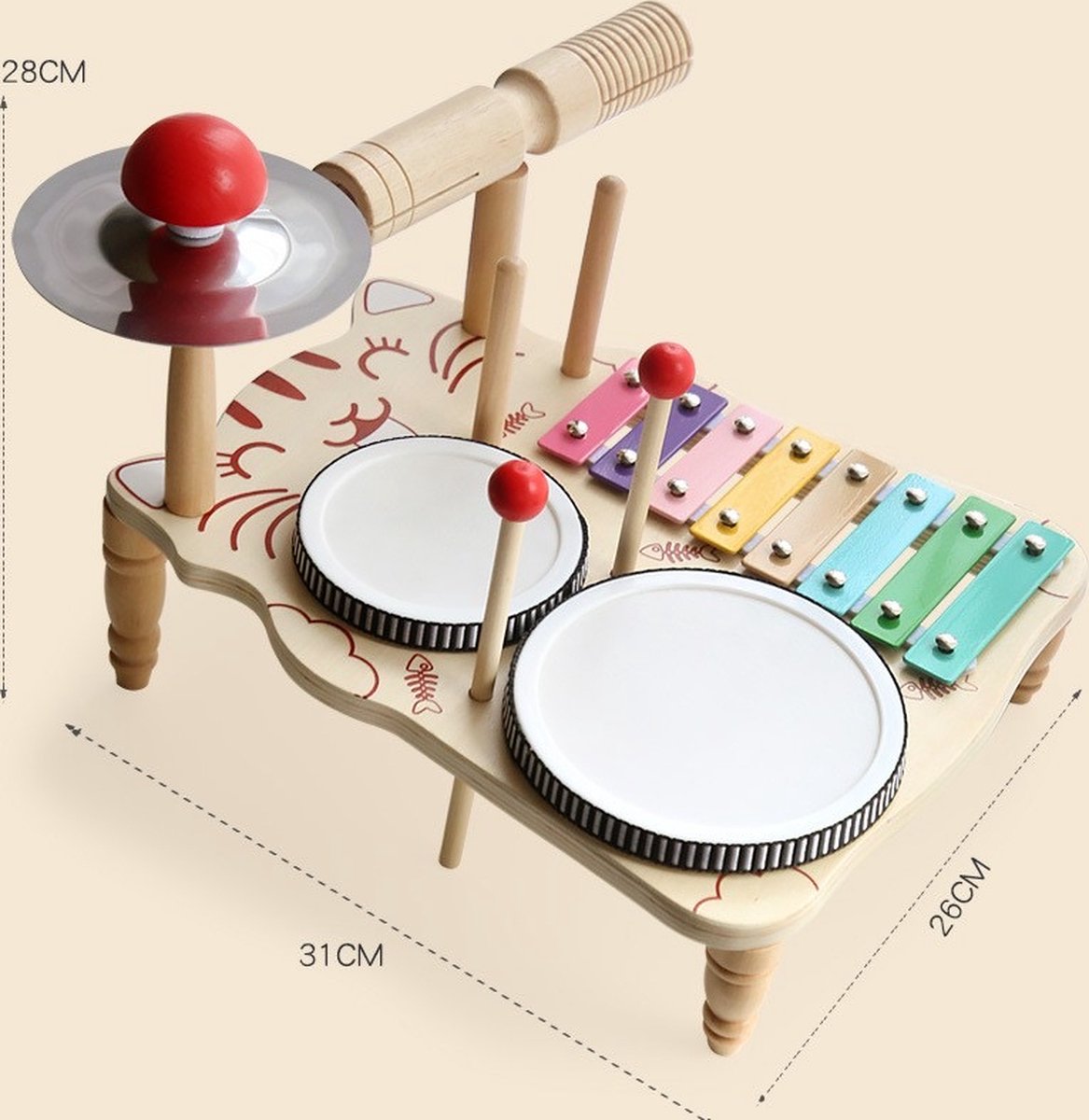 Muziekinstrumenten - Kat Muziekinstrument - Kinder Drumstel - 4 in 1 Drumstel - Educatief - Houten - Montessori Muziekinstrument — afbeelding 2