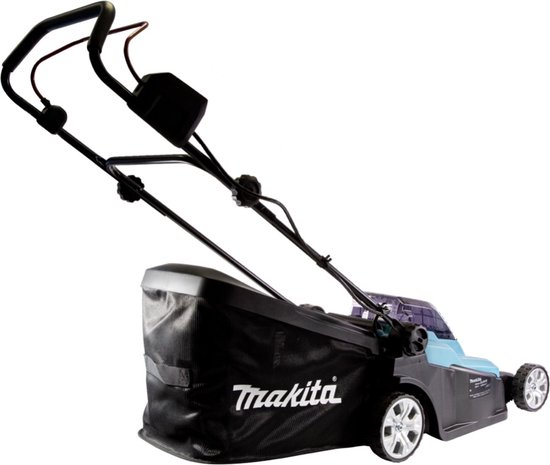 Turquoise Makita grasmaaier met zwarte opvangzak en handgrepen.