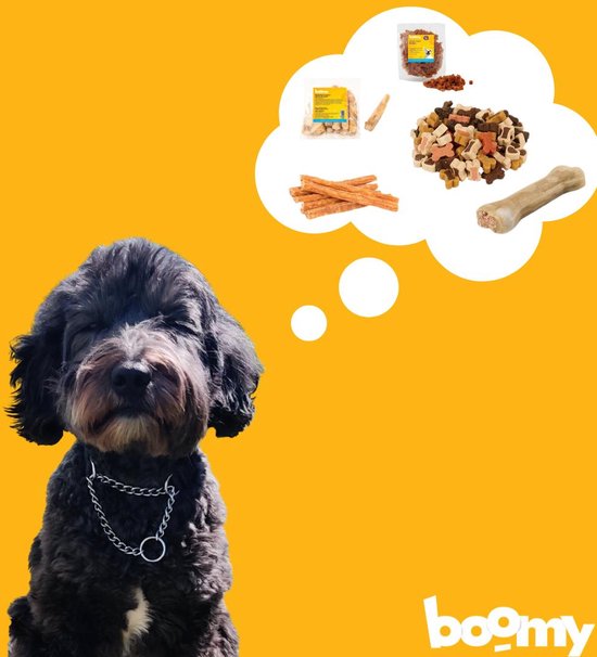 Zwarte hond met ketting dromend over hondensnacks, waaronder botten, koekjes en kluiven.