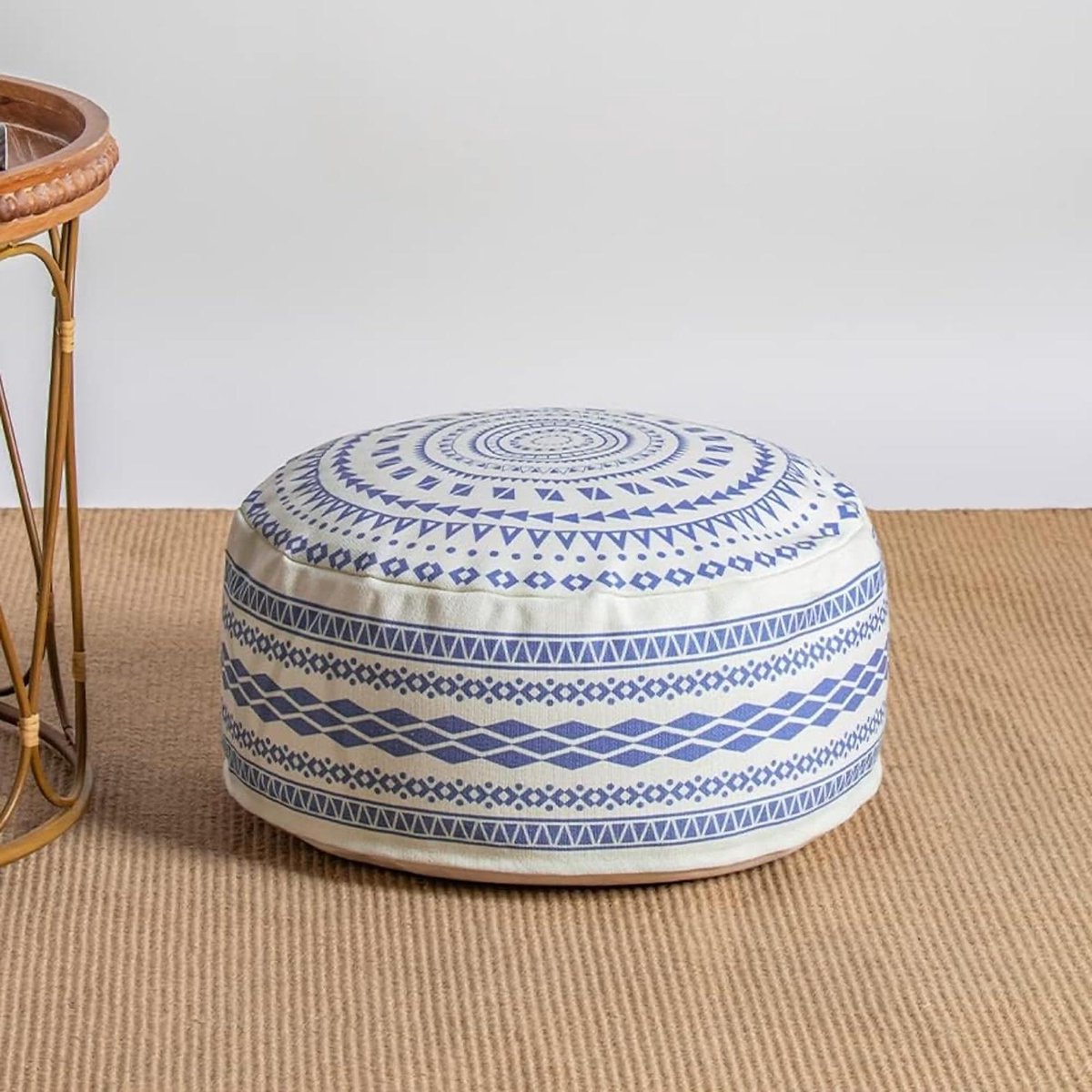 Boho kleurrijke geometrische Ottomaanse poef hoes decoratieve ongevulde ronde hoes met handvat voor woonkamer slaapkamer patio blauw 45x45x20cm