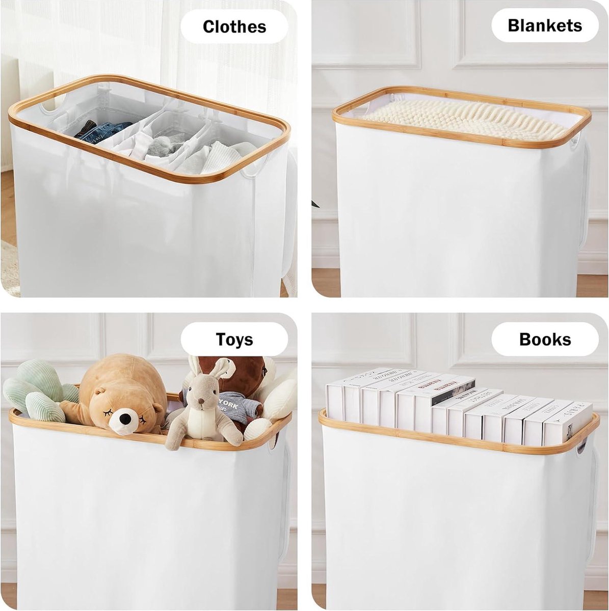 Wasmand met deksel, 3 vakken, wasorganizer, met zijgrepen, van bamboe