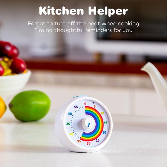 Visueel timer voor kinderen, 60-minuten afteltimer voor klas, kantoor & keuken, bureau timer met stiltefunctie, Pomodoro time met regenboogpatroon (Wit
