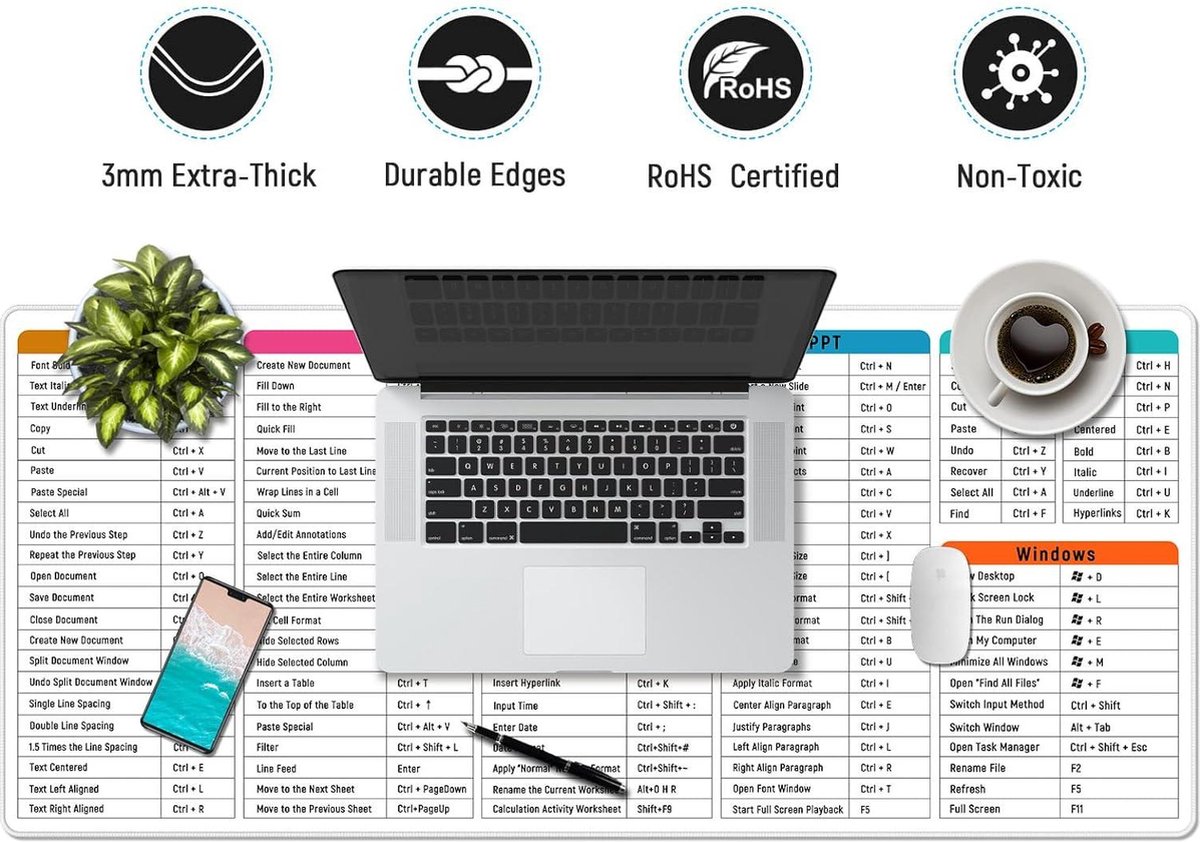 Tapis De Souris Excel Version Allemande | Grand Format 800x300mm | Antidérapant Avec Raccourcis Clavier | Bureau