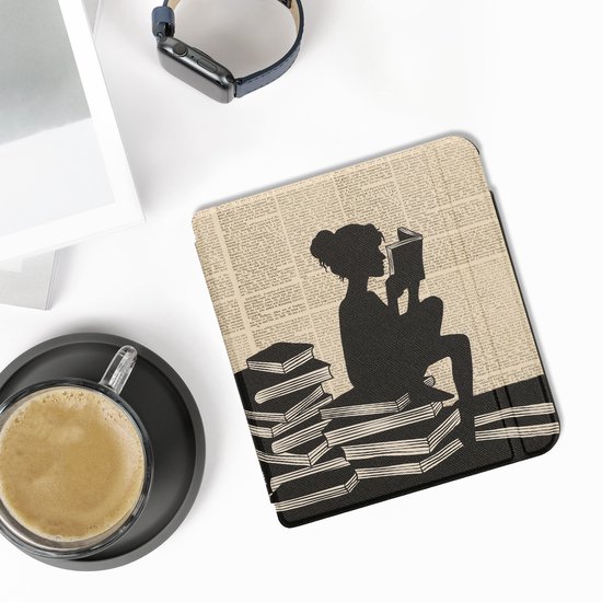 kwmobile e-reader hoesje geschikt voor Kobo Libra Colour hoes - E reader flip case met magnetische sluiting - Ereader cover - Meisje met boeken design in zwart / beige van kwmobile — afbeelding 2