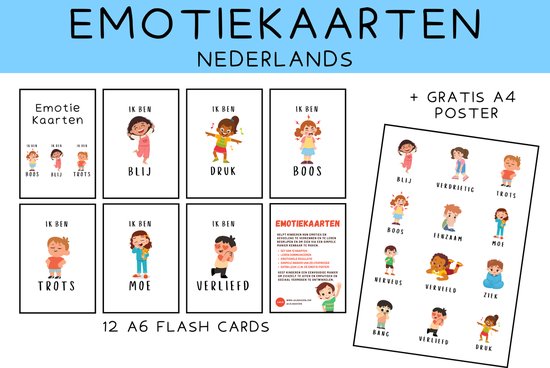 Foto: Set emotiekaarten voor kinderen en bijbehorende poster set van 12 flash cards a6 en 1 a4 poster emoties en gevoelens verkennen en leren begrijpen eenvoudig emoties kenbaar maken met de kaarten 12 emoties en bijpassende illustraties