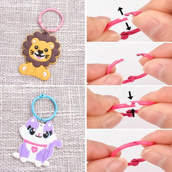 Leeuw sleutelhanger met roze ring. Paarse kat sleutelhanger met blauwe ring. Instructies voor het openen en sluiten van een roze klikring.