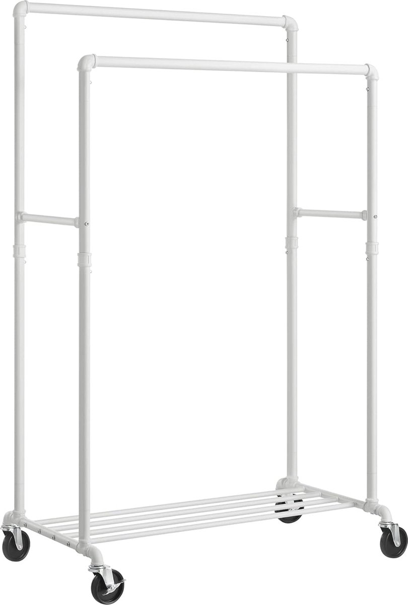 FurnStar - Kledingrek - Kapstok met dubbele 100 cm lange ophangrails - Metalen frame - met wielen en opbergplank - 2 zwenkwielen met rem - Maximale belasting van 90 kg - 59 x 100 x 162 cm - Wit