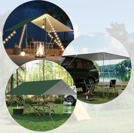 Bloominggoods® Outdoor Draagbaar Zonnescherm Met Opbergtas - Tarp - Tent - Zijl - Luifel - Waterdicht - Kamperen - 300*300cm - 3-4 Personen -Leger groen van Bloominggoods® — afbeelding 5