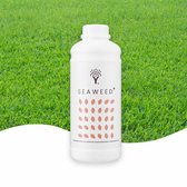 Witte fles met 'SEAWEED+' logo en koperkleurige bladvormen op een grasachtergrond.