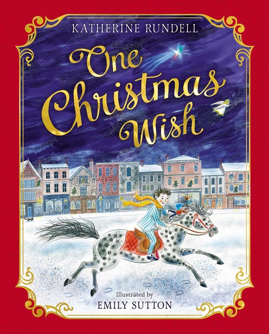 Boekomslag van 'One Christmas Wish' met een jongen op een grijs gevlekt paard in de sneeuw, voor een rij huizen.