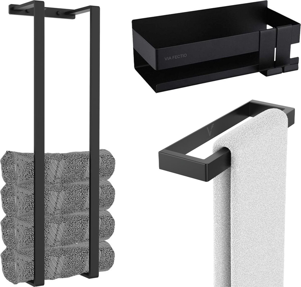 Badkamer accessoireset 3 delig - Zwart - Handdoekrek - Handdoekhouder - Wandrek - Luxe Badkamerset