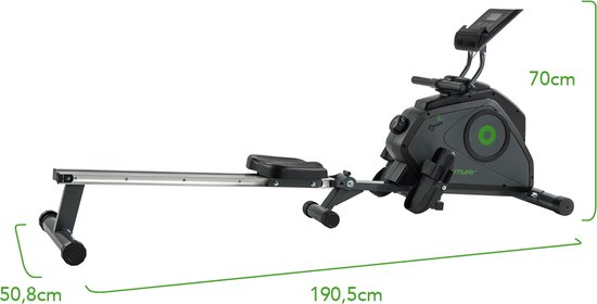 Donkergrijze roeitrainer met afmetingen: lengte 190,5 cm, hoogte 70 cm, breedte 50,8 cm.