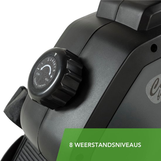 Dichtbij detail van de "8 weerstandsniveaus" draaiknop op een roeitrainer.