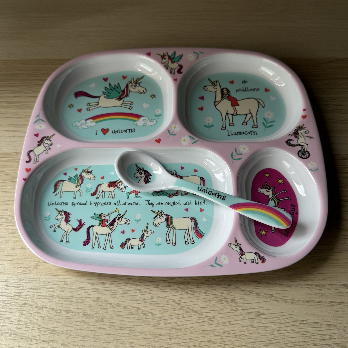 Eenhoorn kinder melamine servies (vakjesbord met lepel) - Tyrrell Katz