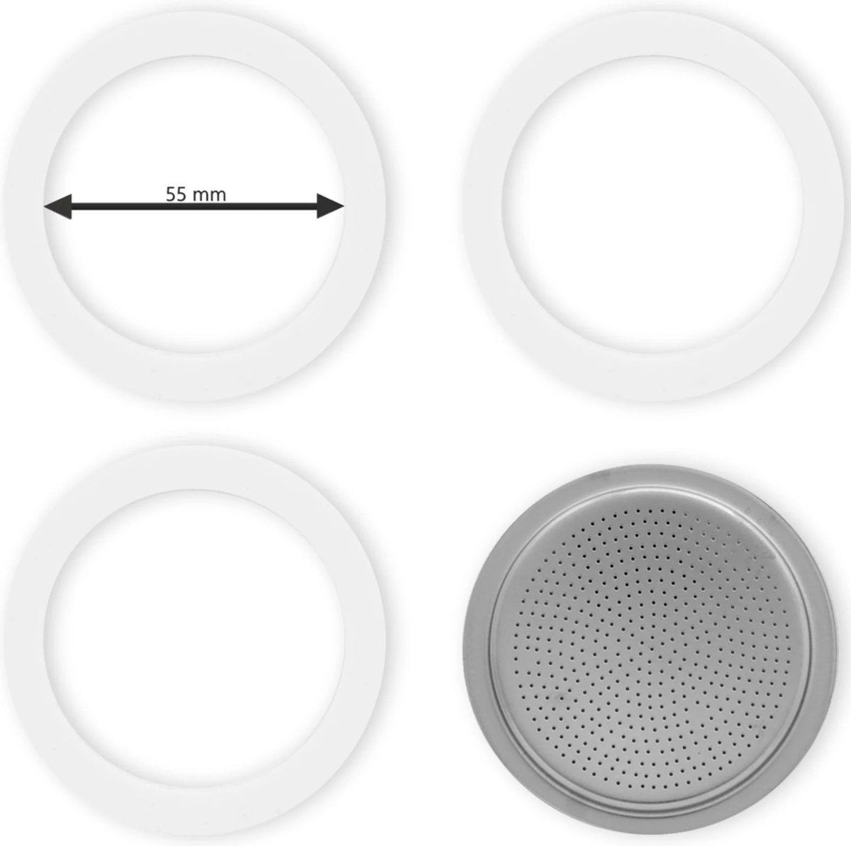 Bialetti - Set Filterplaatje aluminium (55mm) - Voor de Bialetti Moka Express en Moka Induction, 6 Kops - Inclusief 3 Rubberen Ringen (binnenmaat ring 55mm) op Prijzenvolger.com