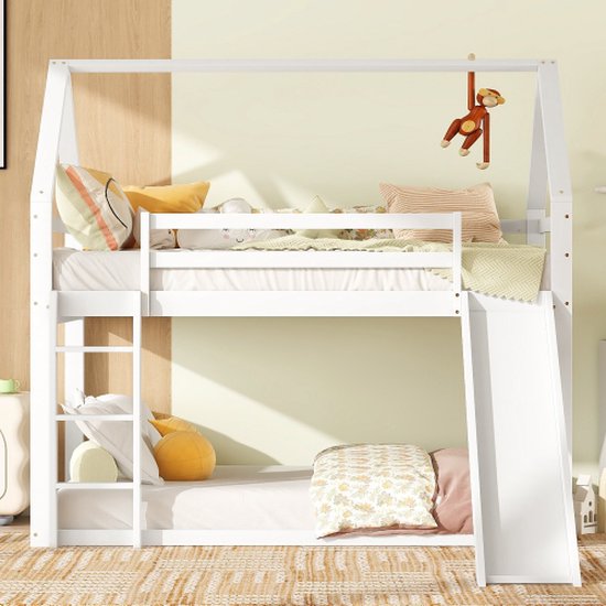 Kinderbed tweepersoonsbed huisbed stapelbed met glijbaan en ladder, kinderkamer hoog-dubbel stapelbed, 140x200cm (wit