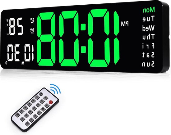 HAITANG 16 inch grote digitale wandklok voor woonkamer, afstandsbediening, dubbel alarm, 8 RGB-kleuren, groot led-display, automatische helderheid, datum, automatische zomertijd, temperatuur
