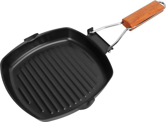 Steakpan, Gietijzeren Grillpan, Inklapbaar Houten Handvat Antiaanbakpan 20 X 20 Cm Vierkante Pan Voor Haard Grillplaats Kampvuur Oven En Fornuis