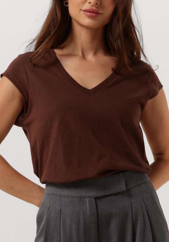Haut Femme Marron Col V Manches Courtes Coton - Taille M, Occasion Très Bon État