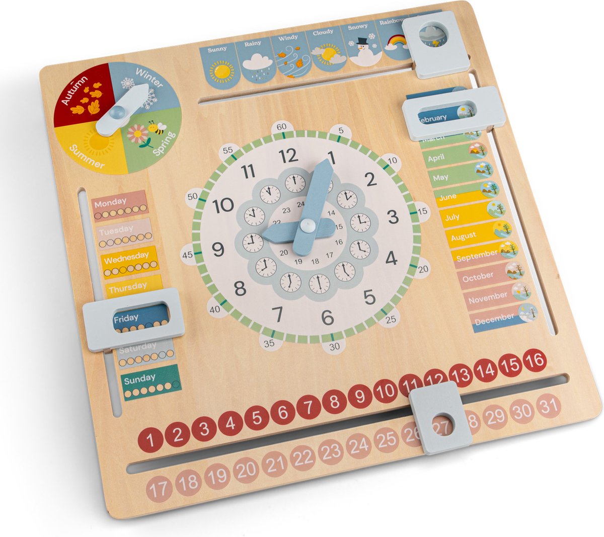 Woet® Houten Kalenderklok ENGELSTALIG - Leer Klokkijken - Leerklok - Weet jij welke dag het is? Hoe laat is het? Schijnt de zon? - Dagen, Maanden, Seizoenen & Weer - Educatief Speelgoed - Vanaf 3 Jaar — afbeelding 3