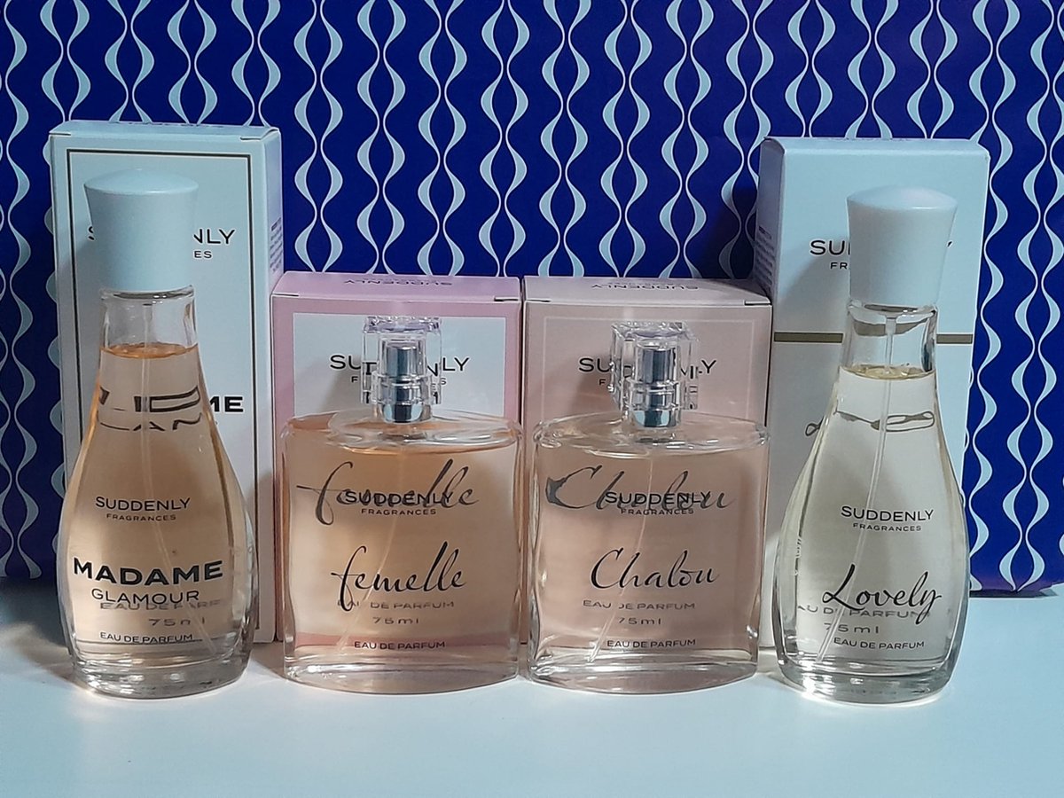 Goedkoopste Suddenly Fragrances damesparfum giftset 4 soorten 75 ml - MADAME GLAMOUR - LOVELY - CHALOU - FEMELLE.