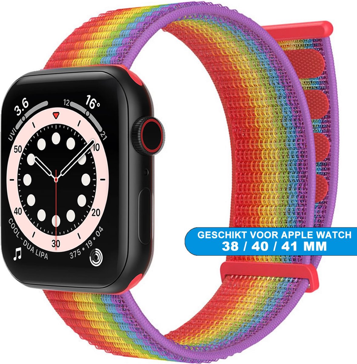 Bandje geschikt voor de Apple Watch 38/40/41 mm - Series SE , 1 , 2, 3, 4, 5, 6, 7 en 8 - Klittenband sluiting - Rainbow