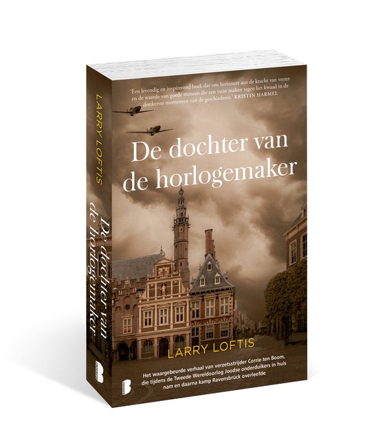 3D-weergave van het boek 'De dochter van de horlogemaker' met historische gebouwen en vliegtuigen.
