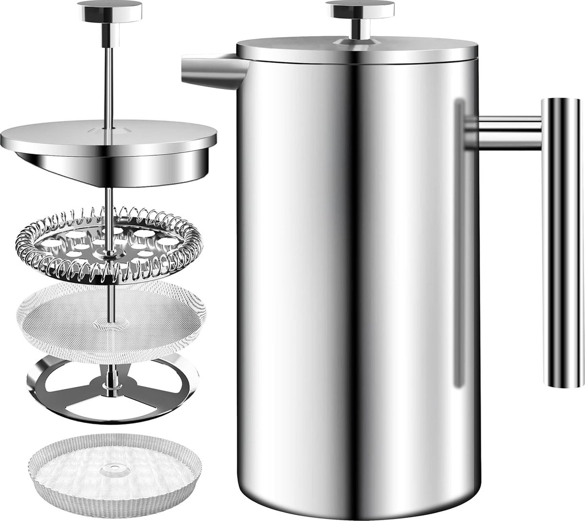 Roestvrij staal FRENCH PRESS/Franse Pers Koffiezetapparaat 34oz (1.0 Liter) met 3 Niveau Filtersysteem - Dubbelwandige Geïsoleerde Cafetière met 1 Extra Filter (Zilver)