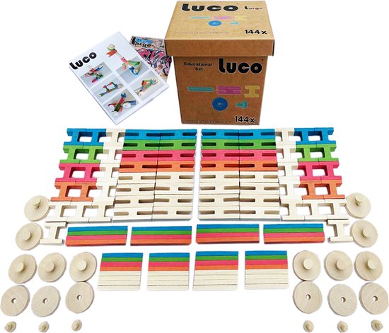 Luco Large ECO Blokken en plankjes. Met verbindingsstukken en wielen, past op KAPLA, Bblocks. Duurzame constructieset hout. 144 elementen.