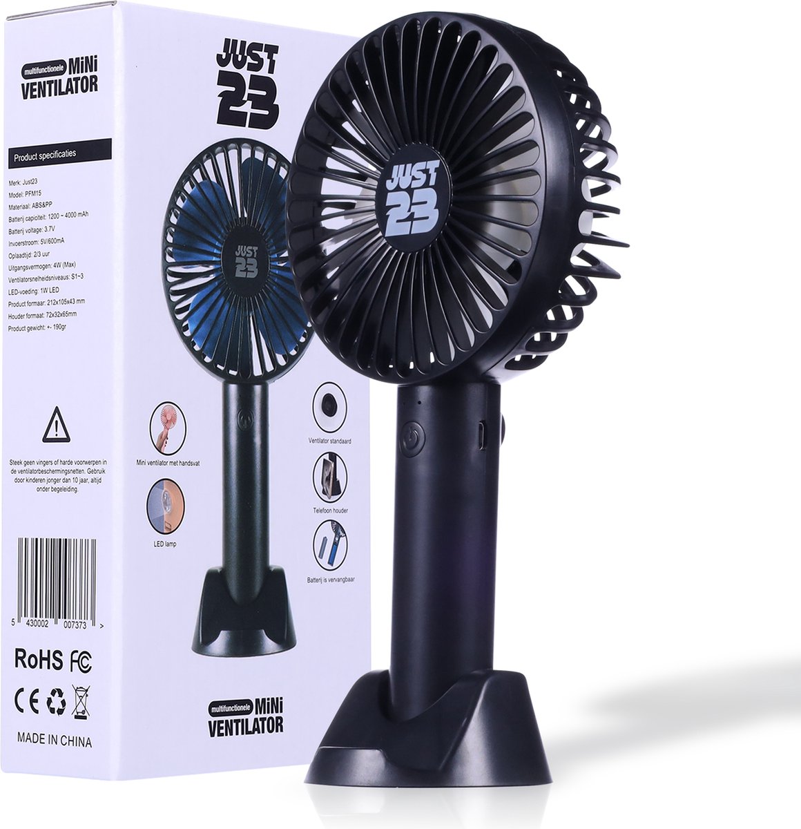 JUST23 Handventilator met licht - Zwart - Mini Bureau Waaiers - 3 Standen - Aircooler Staand - Tafelventilator — afbeelding 8