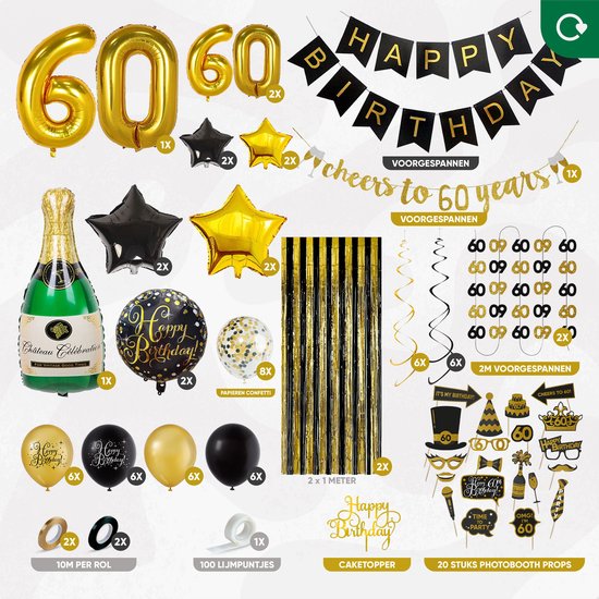 Fissaly 60 Jaar Verjaardag Decoratie Versiering - Ballonnen – Jubileum Man & Vrouw - Zwart en Goud