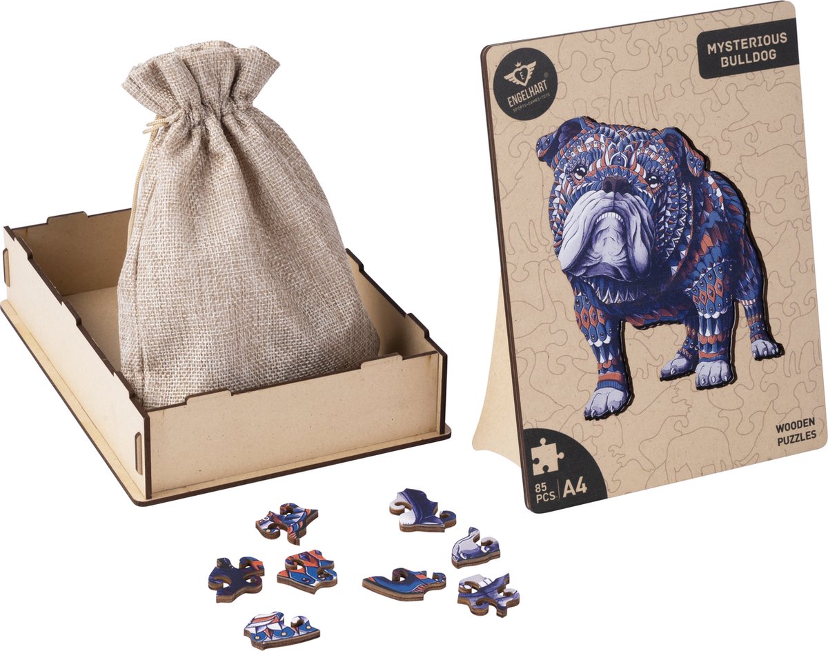 Houten Puzzel Bulldog – 85 Unieke Puzzelstukjes – A4 Formaat Houten Legpuzzel – Dieren Puzzelspel – Compact Denkspel – Inclusief Opbergetui – Engelhart — afbeelding 12