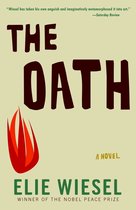 Boekomslag van The Oath door Elie Wiesel met een rode vlamillustratie op een beige achtergrond.